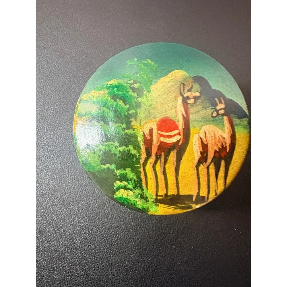 Vintage Hand Painted Wooden Trinket Box Llama Folk‎ Art Mountain Scene Round Lid